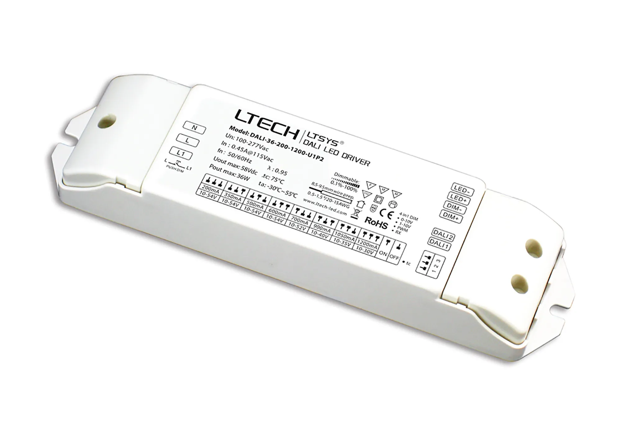 DALI-36-200-1200-U1P2  DALI 0/1-10V PWM Push Dim 2-36W Current Dimmable Driver DC:10-54V